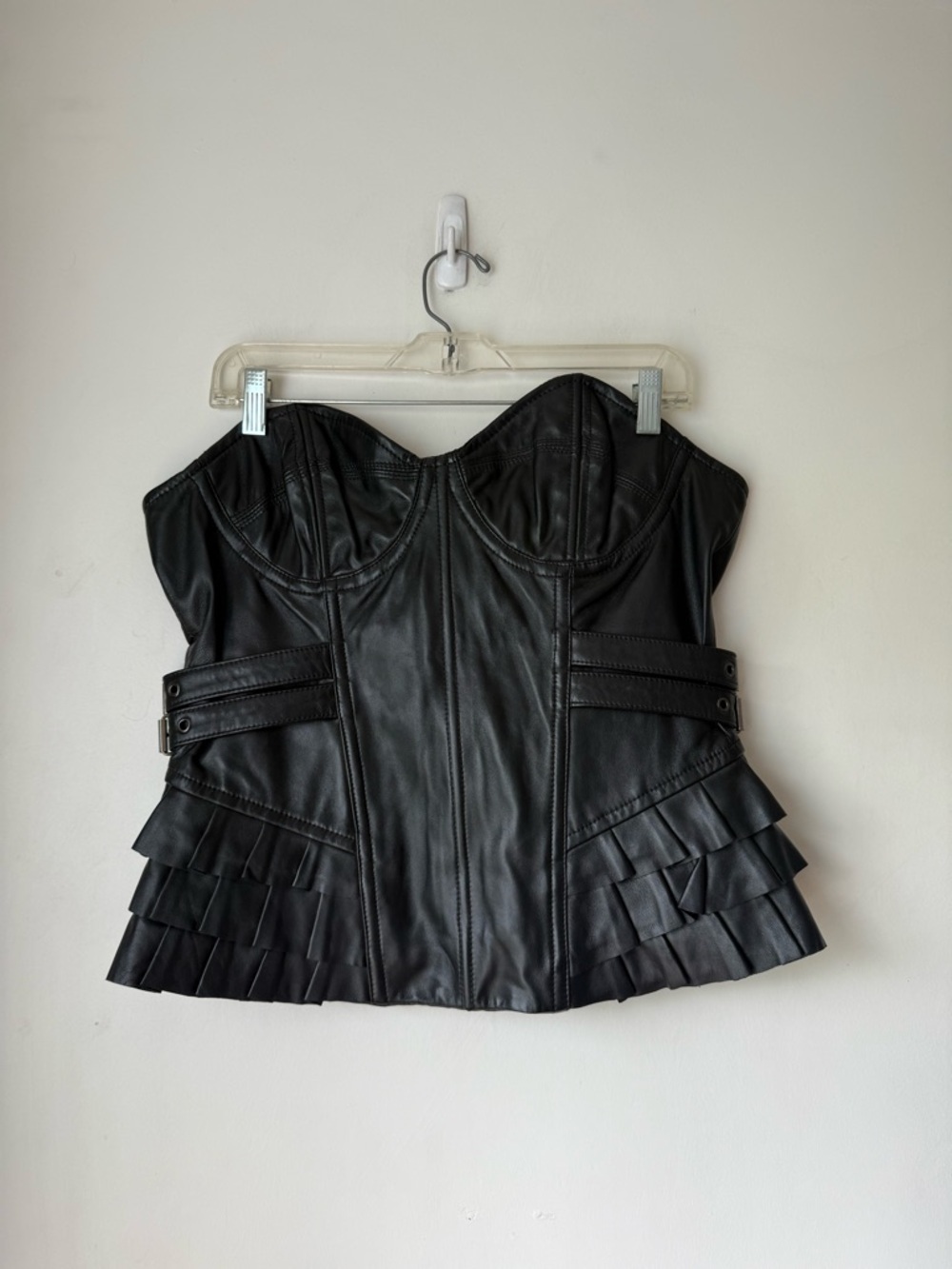William Rast Black Leather Strapless Moto Ruffle Corset Top L